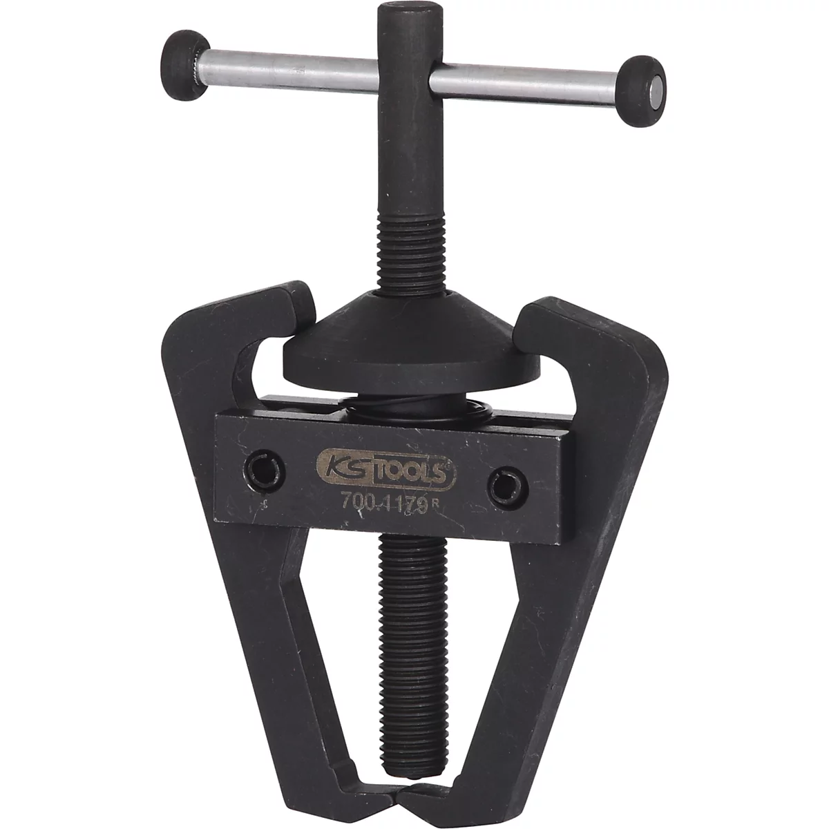 Schwarzer KS TOOLS Abzieher vor weißem Hintergrund, mit Klemmen, Gewindespindel und Griff.